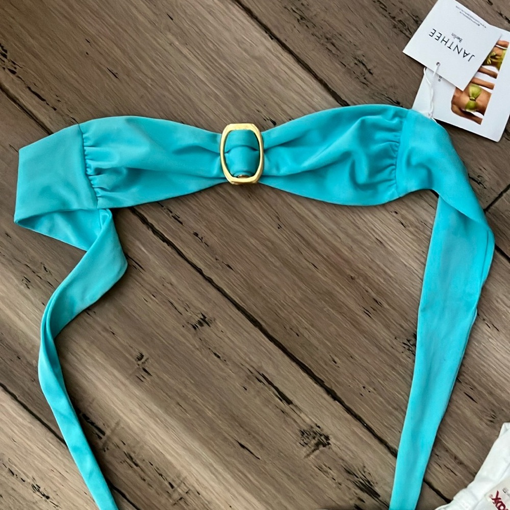 Janthee Berlin Rochelle Blue Bikini Top Gold Buckle XS New